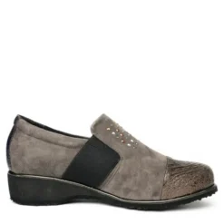 ALICE SCARPETTA MOCASSINO IN CAMOSCIO CON STRASS E TESSUTO ELASTICIZZATO TORTORA