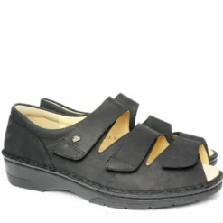 FINN COMFORT ISCHIA SANDALO UOMO IN PELLE CON FORTE POSTERIORE TRIPLO STRAPPO NERO