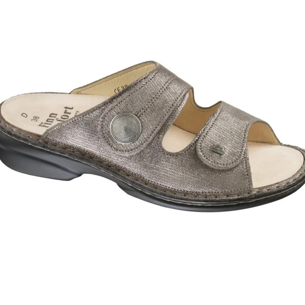 FINN COMFORT SANSIBAR CIABATTE DONNA DOPPIO STRAP PELLE PLANTARE ESTRAIBILE ANTRACITE-BLU