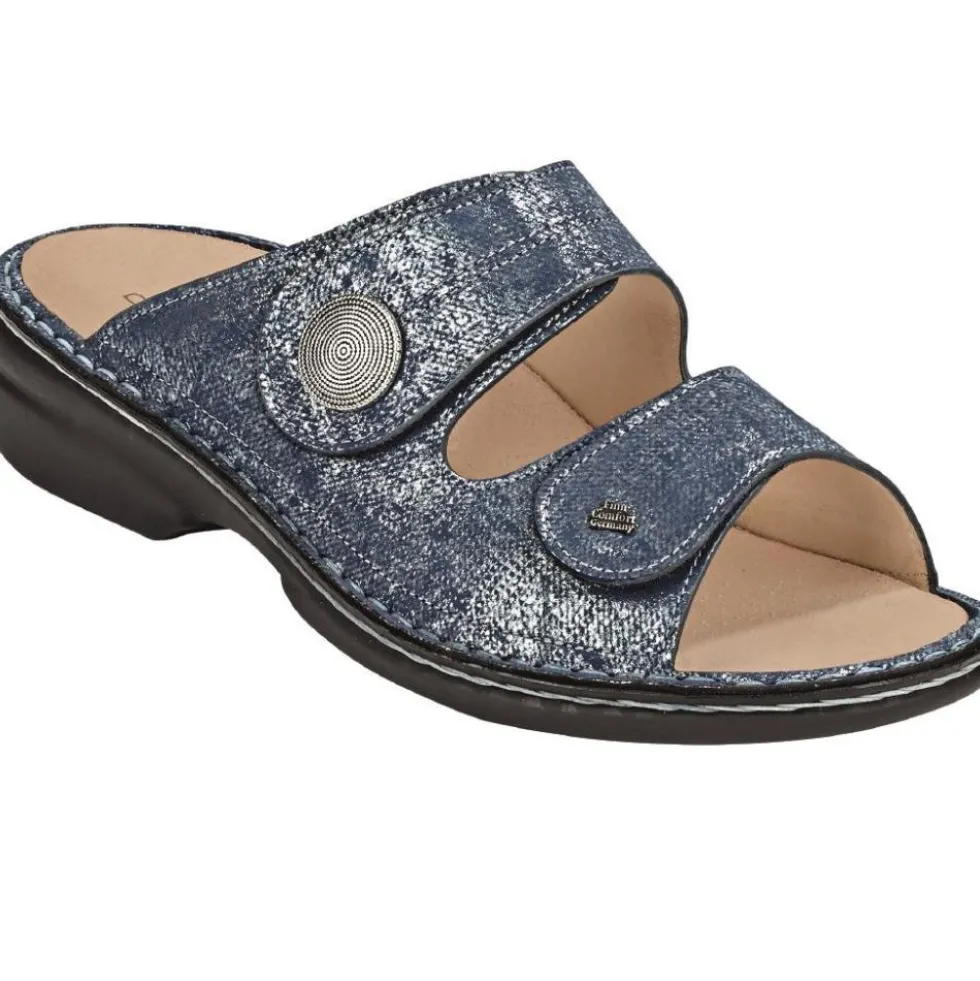 FINN COMFORT SANSIBAR CIABATTE DONNA DOPPIO STRAP PELLE PLANTARE ESTRAIBILE ANTRACITE-BLU