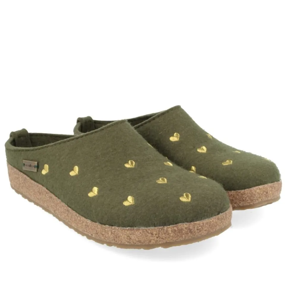 HAFLINGER CIABATTA IN FELTRO DI LANA CUORICINI MOSSO VERDE MUSCHIO