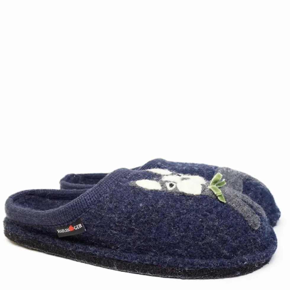 HAFLINGER FLAIR PUPPY PANTOFOLA IN FELTRO DI LANA BLU CON CANE
