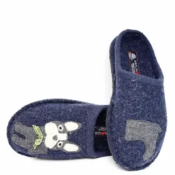 HAFLINGER FLAIR PUPPY PANTOFOLA IN FELTRO DI LANA BLU CON CANE