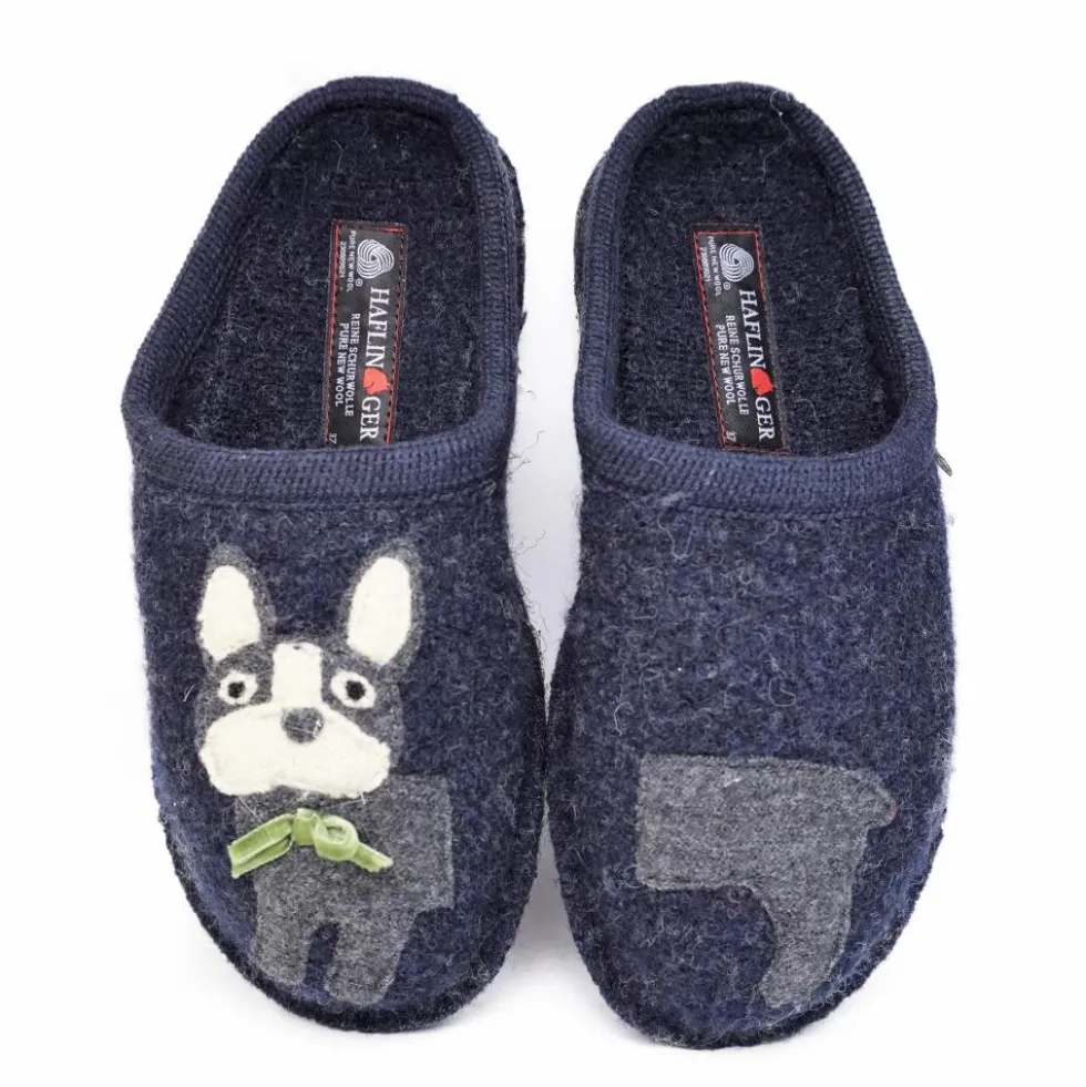 HAFLINGER FLAIR PUPPY PANTOFOLA IN FELTRO DI LANA BLU CON CANE